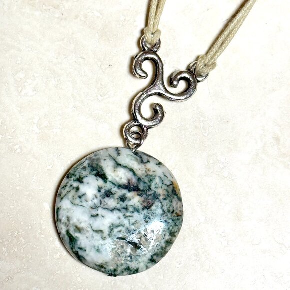 2/$20, Natural Green Tree Agate Necklace, Genuine Gemstone Cord Necklace - Picture 4 of 12